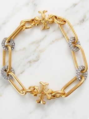 Tory Burch | Gold Plated and Pave Crystal Accent Bracelet | 7 inches